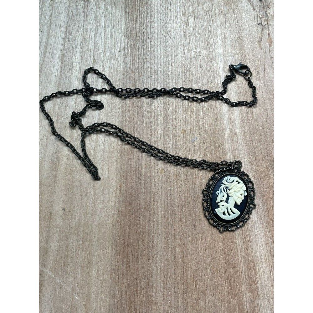 Gothic Lolita Skull Cameo in antique bronze Pendant Necklace 24” skeleton